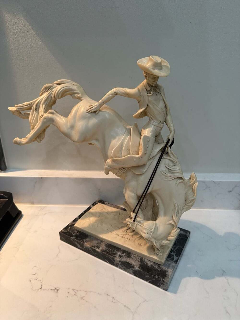 Vintage A. Santini Bucking Bronco Cowboy Sculpture Alabaster Resin Figure